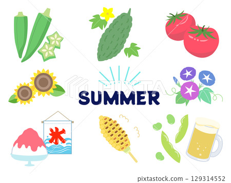夏季插畫集花卉、蔬菜和食物向量 夏季插畫集花卉、蔬菜和食物向量 129314552