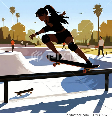 一名女子在滑板公園的欄桿上表演特技的插圖 129314678