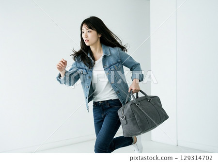 一名日本女子因快要錯過車而匆忙奔跑（白色背景，用於剪切） 129314702