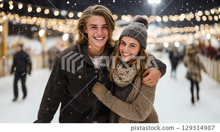 Christmas teenage couple smiling and hugging at outdoor ice rink with glowing lights and falling snow, enjoying joyful winter holiday moment. 129314987