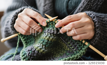 Woman knitting with wooden needles and multicolored green yarn, wearing cozy sweater. Handcrafted winter textile in progress. 129315030