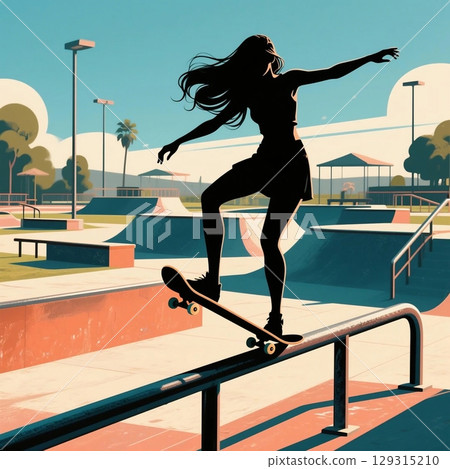 Silhouette illustration of a woman doing tricks on a rail at a skateboard park Silhouette illustration of a woman doing tricks on a rail at a skateboard park 129315210