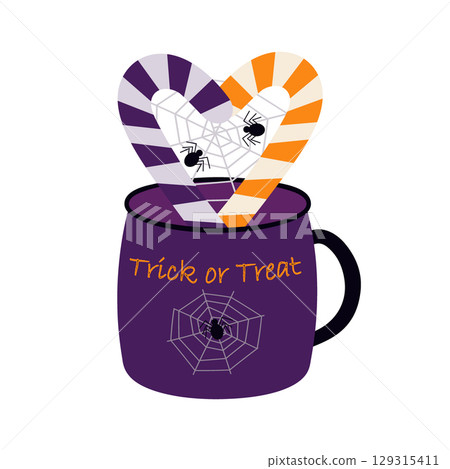 Candy Cane Heart Shape with Cobweb and Spiders Halloween composition in Mug with Trick or Treat Text Candy Cane Heart Shape with Cobweb and Spiders Halloween composition in Mug with Trick or Treat Text 129315411