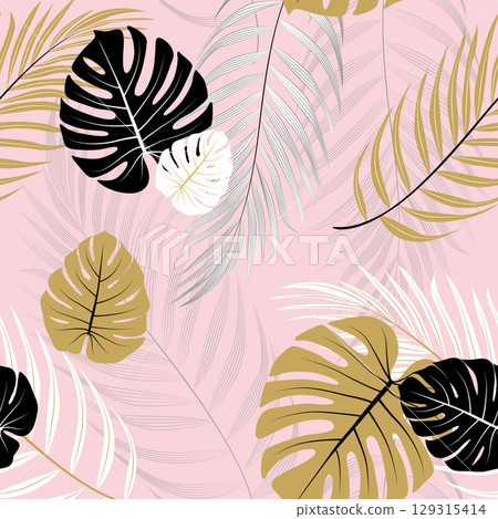Tropical plant leaves seamless illustration summer vacation travel advertising poster leaflet wallpaper vector material picture 129315414