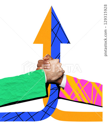 Bold colorful poster of two arms in colorful suits clasped in strong handshake with upward arrow 129315928