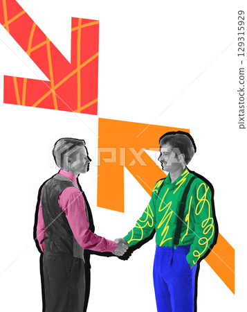 Bright collage of two men in bright patterned shirts shaking hands under colorful arrows Bright collage of two men in bright patterned shirts shaking hands under colorful arrows 129315929