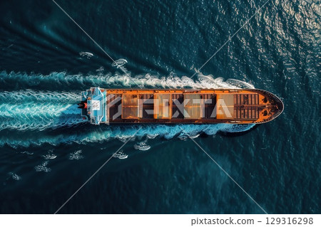 Large cargo ship sailing in open blue sea, top aerial view 129316298