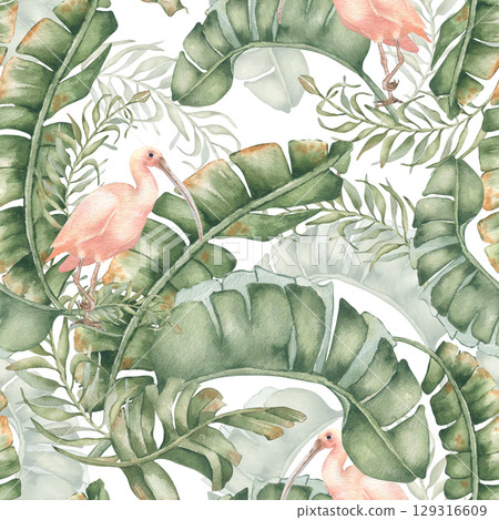 Tropical Watercolor Bird and Foliage seamless Pattern isolated. Hand painted pink ibis lush palm fronds in soft muted tones. Repeated exotic jungle design for boho wallpaper, textile, beachwear. Tropical Watercolor Bird and Foliage seamless Pattern isolated. Hand painted pink ibis lush palm fronds in soft muted tones. Repeated exotic jungle design for boho wallpaper, textile, beachwear. 129316609