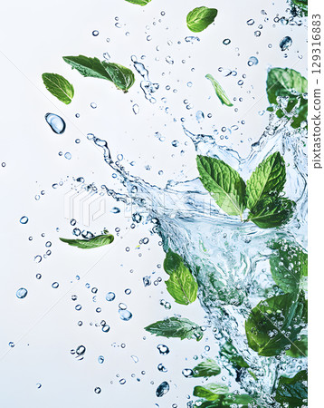 Green leaves with water flow. Plants in transparent splashes. Illustration of liquid for design 129316883