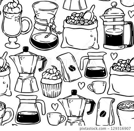 cute seamless pattern with coffee and coffee pots. vector illustration in doodle style, cartoon cute seamless pattern with coffee and coffee pots. vector illustration in doodle style, cartoon 129316907