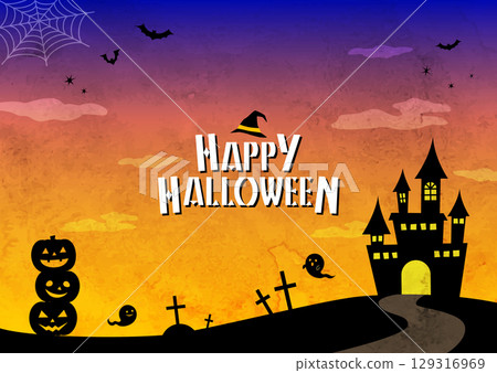 Cute Halloween background illustration with silhouettes of pumpkins, ghosts, castles and bats Cute Halloween background illustration with silhouettes of pumpkins, ghosts, castles and bats 129316969