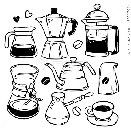 cute set with coffee and coffee pots. vector illustration in doodle style, cartoon cute set with coffee and coffee pots. vector illustration in doodle style, cartoon 129317044