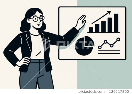 一位女商人用圖表解釋業績的插圖 129317200