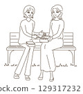 A line drawing of two women eating lunch in a park 129317232