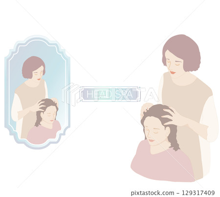 Head massage and reflection of a person receiving a head massage in the mirror 129317409