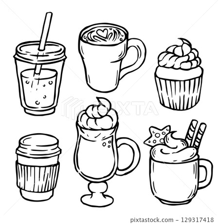 Set of sweet drinks. cappuccino, hot chocolate, lemonade, latte. cute vector illustration in doodle style 129317418