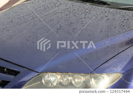 water droplets on car hood 129317494