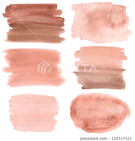Watercolor set of abstract spots isolated on white background. Chocolate, brown, dusty pink, shades with texture paper. Hand drawn illustration of blots for design, banner. Template for decor. Watercolor set of abstract spots isolated on white background. Chocolate, brown, dusty pink, shades with texture paper. Hand drawn illustration of blots for design, banner. Template for decor. 129317521