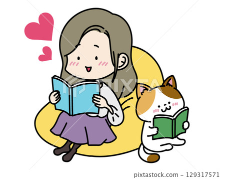 A woman reading a book and a cat A woman reading a book and a cat 129317571