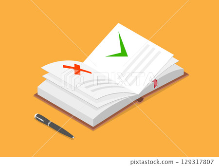 Open book with checker and cross, pen on yellow background. rules concept. Vector illustration. Stock illustration Open book with checker and cross, pen on yellow background. rules concept. Vector illustration. Stock illustration 129317807