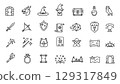 Role playing game icons set. Fantasy adventure symbols collection in minimal style. Suitable for tabletop games video games and card design. Simple outlined black and white vector 129317849