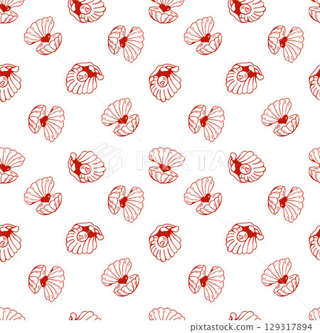 Shells seamless pattern. Hand drawn red seashells on white background. Open shells with a heart-shaped pearl inside. Marine inspired design. Coastal and beach theme. Vector illustration Shells seamless pattern. Hand drawn red seashells on white background. Open shells with a heart-shaped pearl inside. Marine inspired design. Coastal and beach theme. Vector illustration 129317894