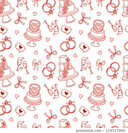 Red Wedding seamless pattern with line icons on white background. Wedding illustrations seamless pattern. Pattern with Wedding rings, cake, glasses, bows. Background for weddings, valentines day, love 129317900