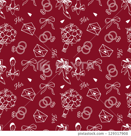 Wedding seamless pattern with line icons on red background. Wedding illustrations seamless pattern. Pattern with Wedding rings, bridal bouquet, bows. Background for weddings, valentines day, love 129317908
