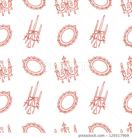 Elegant vintage seamless pattern with hand drawn candelabra, vintage antique frames and candles with bows. Red icons on white background. Vector background for holiday, wedding, birthday. Vector Elegant vintage seamless pattern with hand drawn candelabra, vintage antique frames and candles with bows. Red icons on white background. Vector background for holiday, wedding, birthday. Vector 129317909