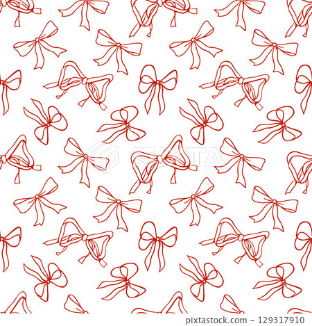Ribbon bow seamless pattern vector coquettish girly print doodle hand drawn romantic knot background. Red bows on a white background. Feminine holiday accessories texture, vintage cute festive Ribbon bow seamless pattern vector coquettish girly print doodle hand drawn romantic knot background. Red bows on a white background. Feminine holiday accessories texture, vintage cute festive 129317910