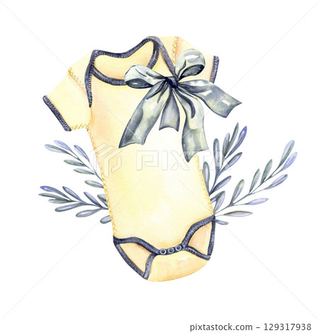 Baby bodysuit with ribbon, leaves and floral decoration in watercolor Baby bodysuit with ribbon, leaves and floral decoration in watercolor 129317938