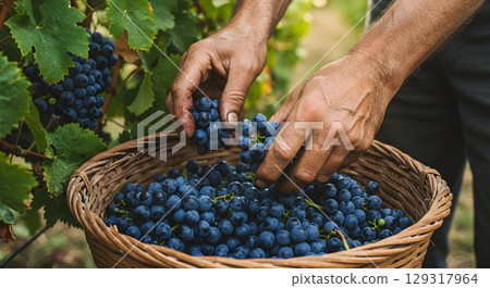 Vineyard worker's hands are carefully placing ripe blue grapes into wicker basket, surrounded by vibrant green vines and soft sunlight, illustrating art of grape harvesting in picturesque vineyard 129317964