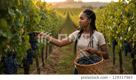 Happy Woman grape harvester is kneeling in vineyard, selecting ripe grapes with a basket nearby, surrounded by rows of green vines and a serene landscape, highlighting the beauty of agricultural work 129317965