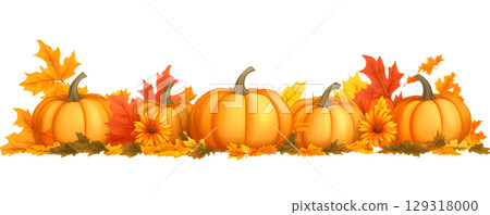 Halloween background with harvest accessories, colorful leaves, Jack o Lantern pumpkins. Rustic style. Template for thanksgiving day and autumn holidays 129318000