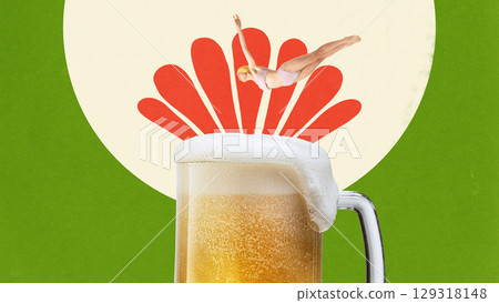 Collage of diver jumping into foamy beer mug with floral retro background Collage of diver jumping into foamy beer mug with floral retro background 129318148