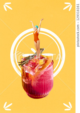 Creative collage of grapefruit cocktail with woman in swimsuit standing on ice cubes 129318161