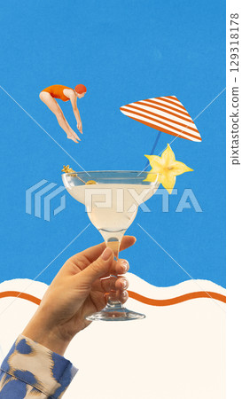 Contemporary collage of woman diving into cocktail glass with starfruit and umbrella on blue beach background Contemporary collage of woman diving into cocktail glass with starfruit and umbrella on blue beach background 129318178