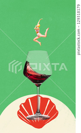 Creative digital artwork of joyful woman jumping into red wine glass with seashell on bright green background 129318179