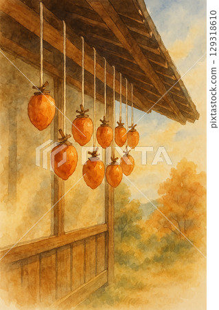 掛柿子和木屋是典型的秋季景觀 129318610