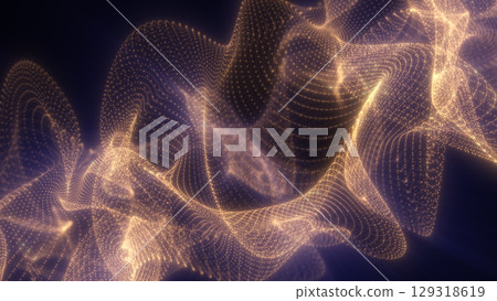 Glowing golden particles swirl into an elegant abstract wave pattern, flowing through dark space with radiant motion 129318619