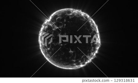 High-contrast glowing black and white digital sphere with radiant texture and electric surface High-contrast glowing black and white digital sphere with radiant texture and electric surface 129318631