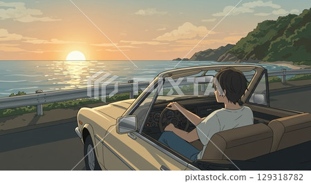 Fiery sunset! Beautiful sunset view from the car 129318782