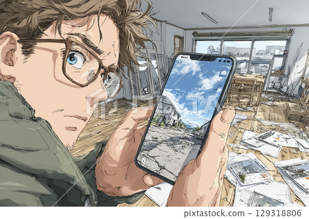 一名男子用智慧型手機查看地震受災狀況的插畫素材 129318806