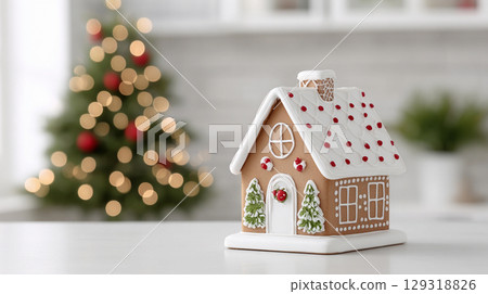 Gingerbread house decoration with festive Christmas tree in background creates a warm holiday atmosphere in a cozy indoor setting 129318826