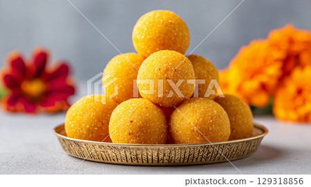 A vibrant display of traditional Indian food showcases a pyramid of ladoos alongside colorful marigold flowers. 129318856