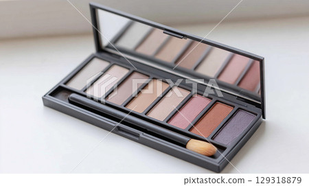 Makeup palette displayed on a flat surface with a variety of neutral shades and a brush for application 129318879