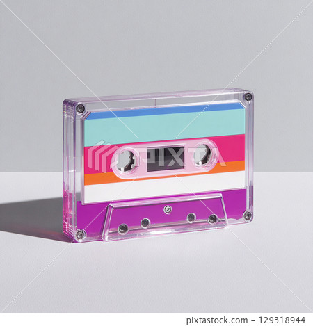 Colorful cassette tape with vibrant stripes on a clean white surface in natural light 129318944