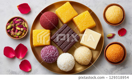 Traditional Indian food. Ladoo, jalebi, and other vibrant treats are highlighted, surrounded by rose petals and nuts. Traditional Indian food. Ladoo, jalebi, and other vibrant treats are highlighted, surrounded by rose petals and nuts. 129318954