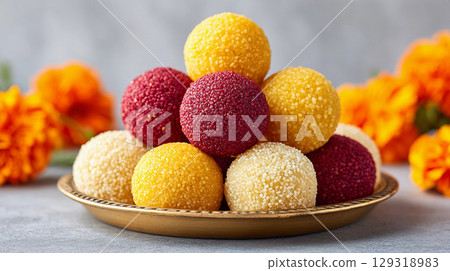 Celebrating independence day with traditional Indian food featuring sweets like ladoo and jalebi at a vibrant festival Celebrating independence day with traditional Indian food featuring sweets like ladoo and jalebi at a vibrant festival 129318983