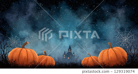 Spooky Halloween night with pumpkins, cobwebs, and a mysterious castle under a starry sky. Misty and smoke background with copy space. Spooky Halloween night with pumpkins, cobwebs, and a mysterious castle under a starry sky. Misty and smoke background with copy space. 129319074
